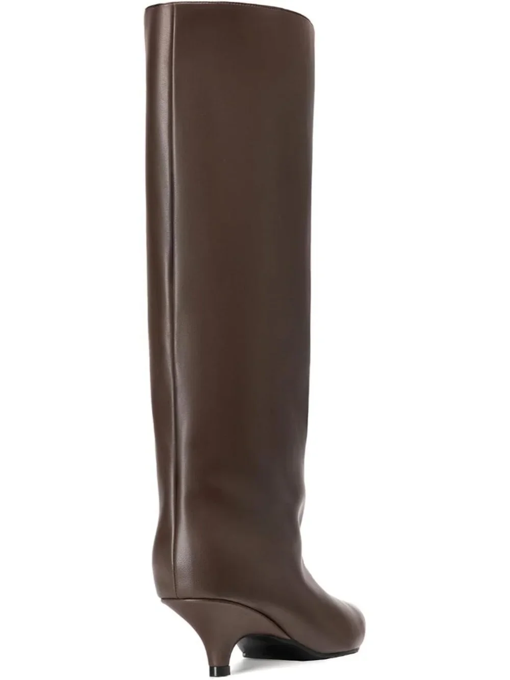Women Brown Faux Leather Pointed-Toe Folded Wide Calf Low Kitten Knee-High Boot